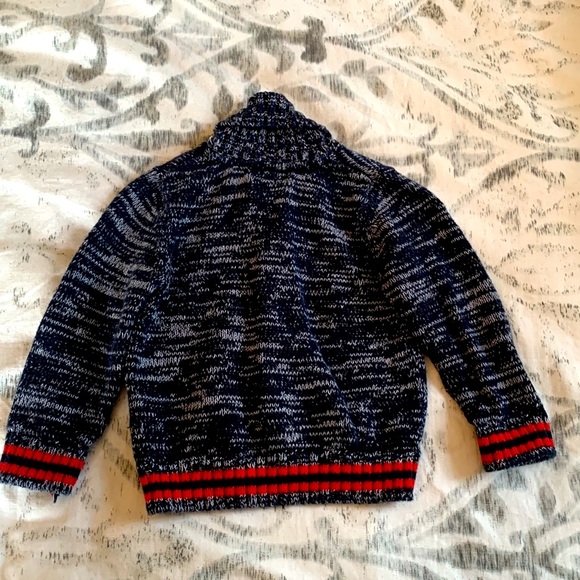 5/$15 Toddler cardigan Navy/white fleck red striped sleeve waistband 12-18 month - Picture 2 of 6